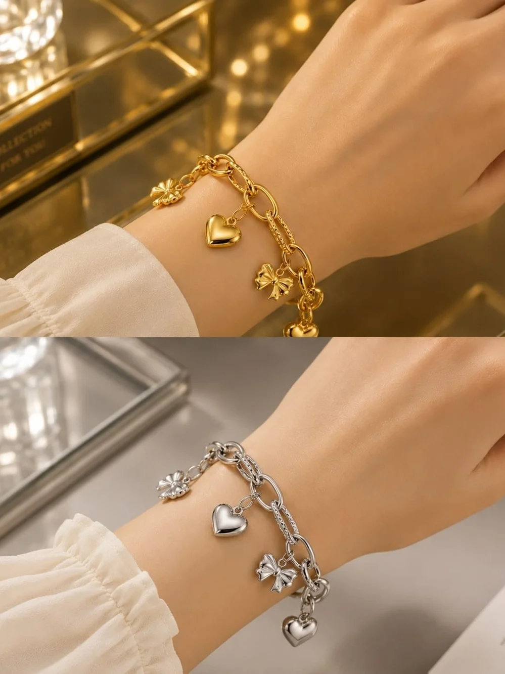 Silver Heart & Bow Charm Bracelet